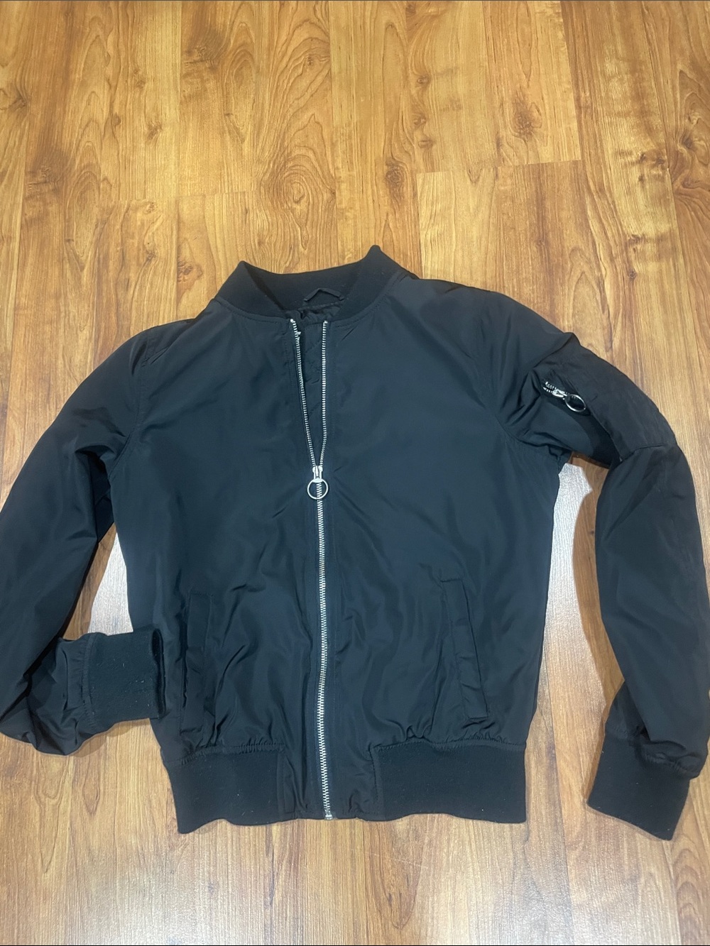 Women’s garage Black nylon Bomber Jacket with Front Zip